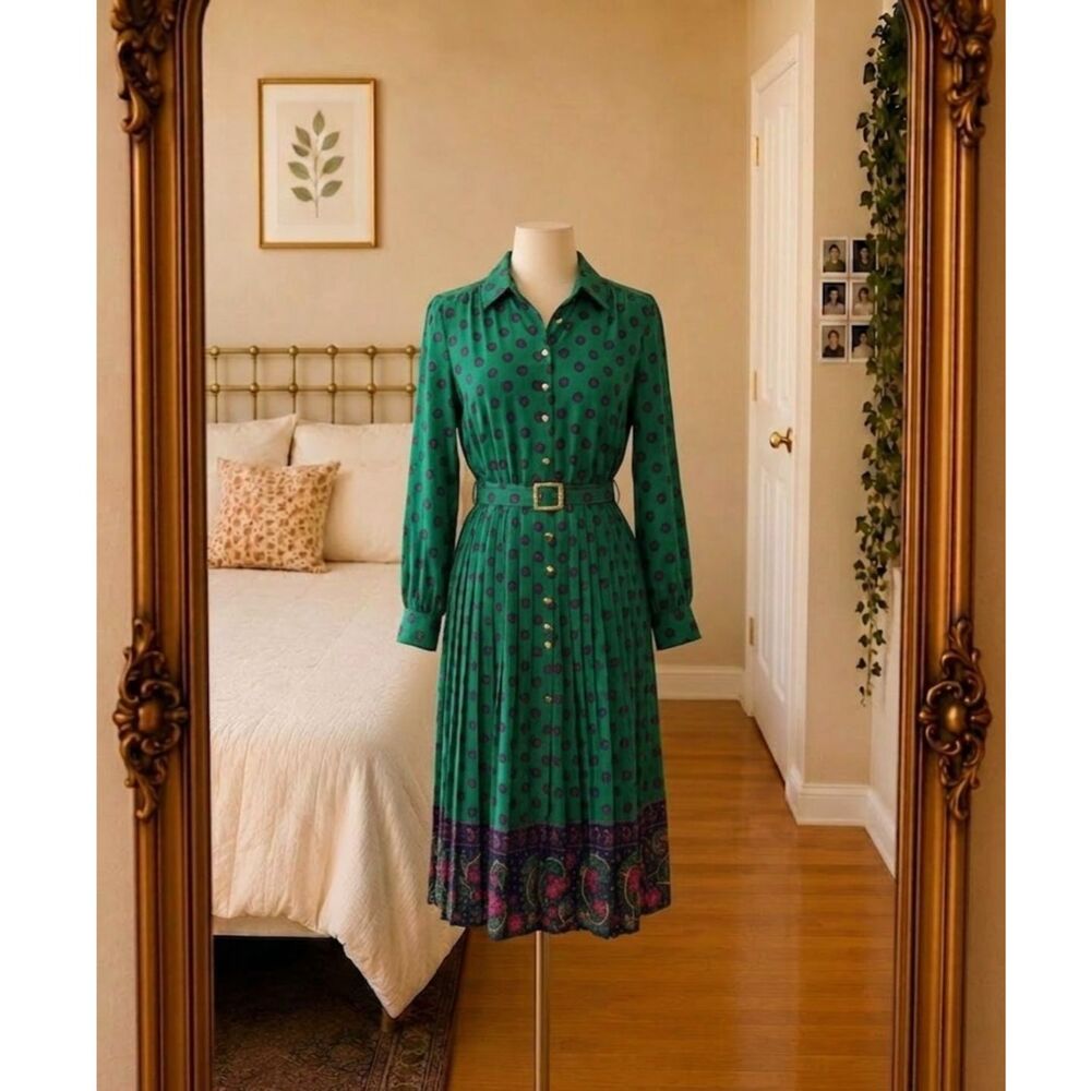 VTG Schrader Womens Geometric Print Midi Dress Size 8 Emerald Green Retro